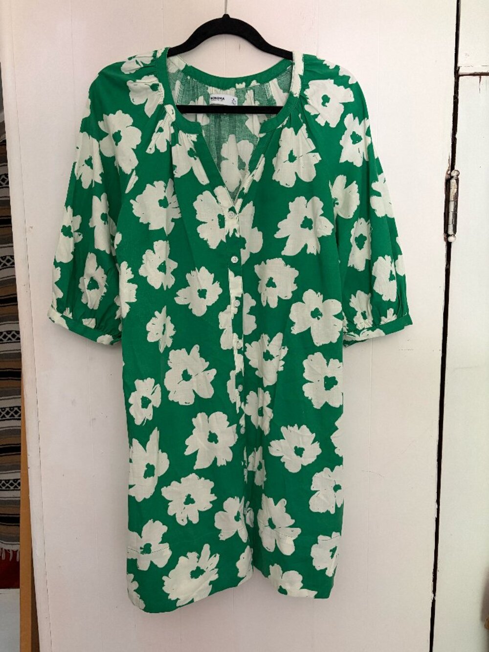 Sonoma green and white flower button down dress with balloon sleeves size PL
